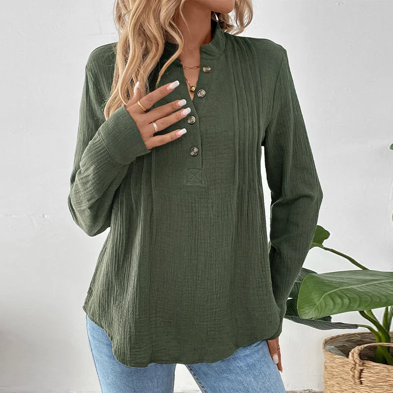 IKEARLAX popular autumn and winter button V-neck solid color shirt  new versatile casual pullover shirt women Short Sleeve Top