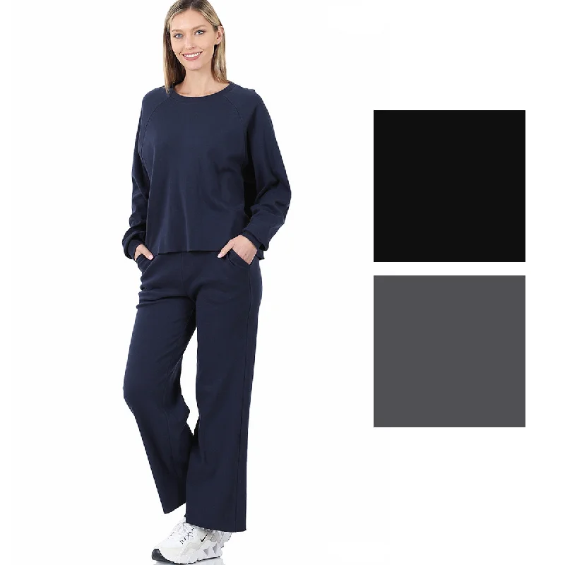 Zenana Womens Cotton Raglan Sleeve Pullover and Jogger Set Bishop Sleeve Elegant