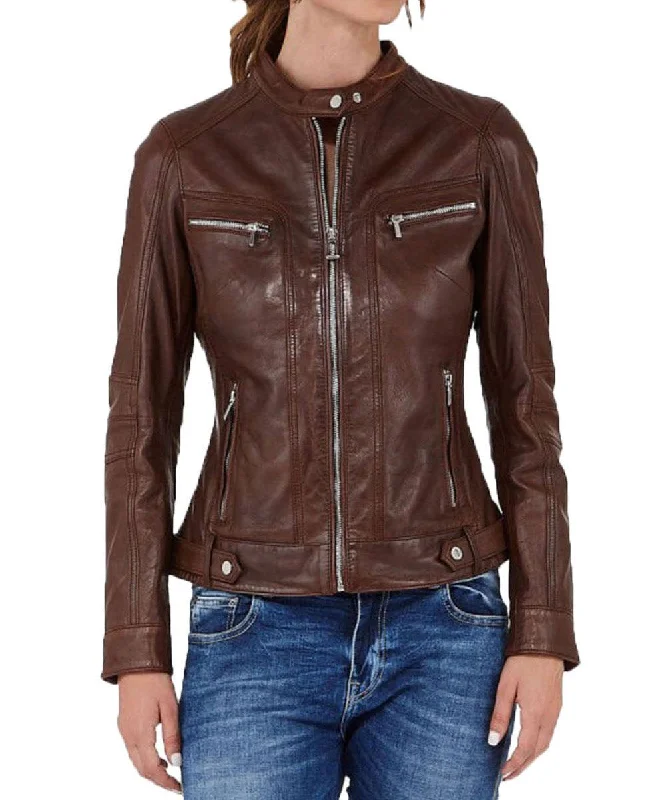 Elysian Brown Leather Biker Jacket Appliqued Jacket Beaded Jacket Sequined Jacket