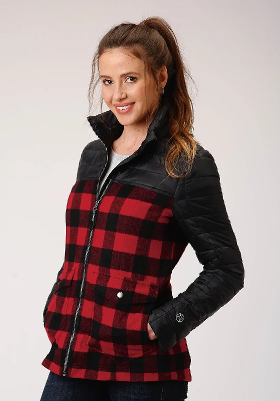 Roper Womens Black/Buffalo Plaid Nylon Crushable Jacket Print Jacket Jacquard Jacket Embroidered Jacket