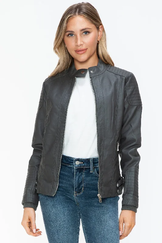 Hazel Blues® |  Snobbish Faux Leather Biker Jacket with Side Zip Pockets Notch Collar Jacket Peter Pan Collar Jacket Cowl Neck Jacket