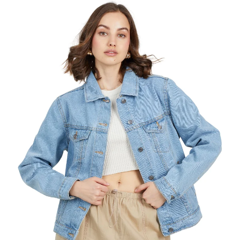 Brave Soul Bloom Denim Jacket - Light Wash Collared Jacket Crew Neck Jacket Turtle Neck Jacket