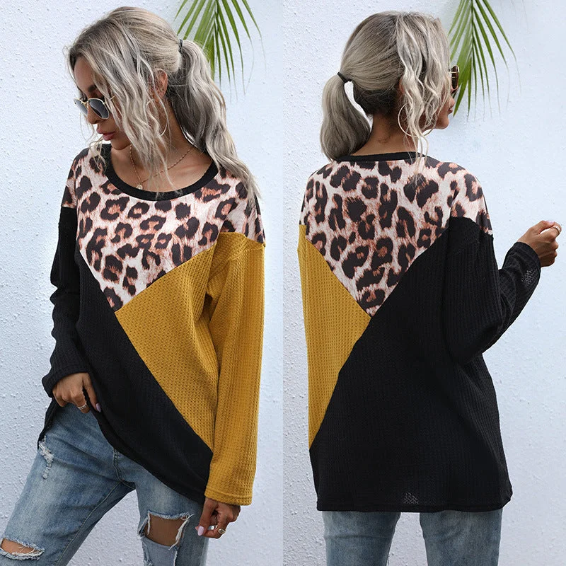 IKEARLAX Autumn women's popular new leopard print splicing 2025 fashion pullover round neck top loose long sleeve bottoming T-shirt women Keyhole Neck Pullover