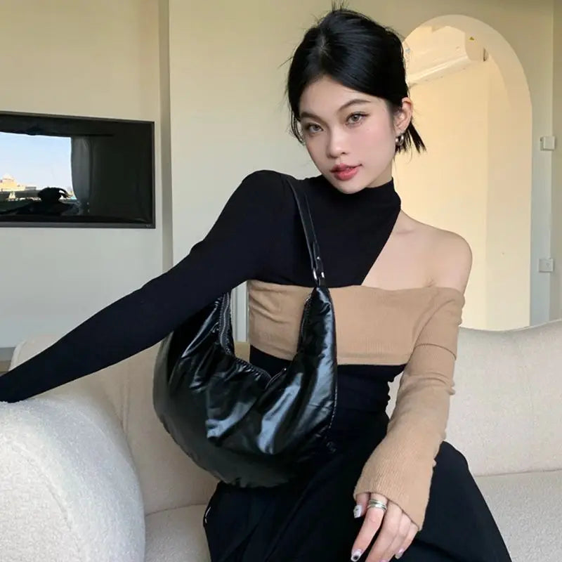 Lunivop New Autumn Personality Constrast Color Off The Shoulder Pullovers Y2k Aesthetic High Street Korean Clothes Vintage French Tops Jewel Neck Pullover