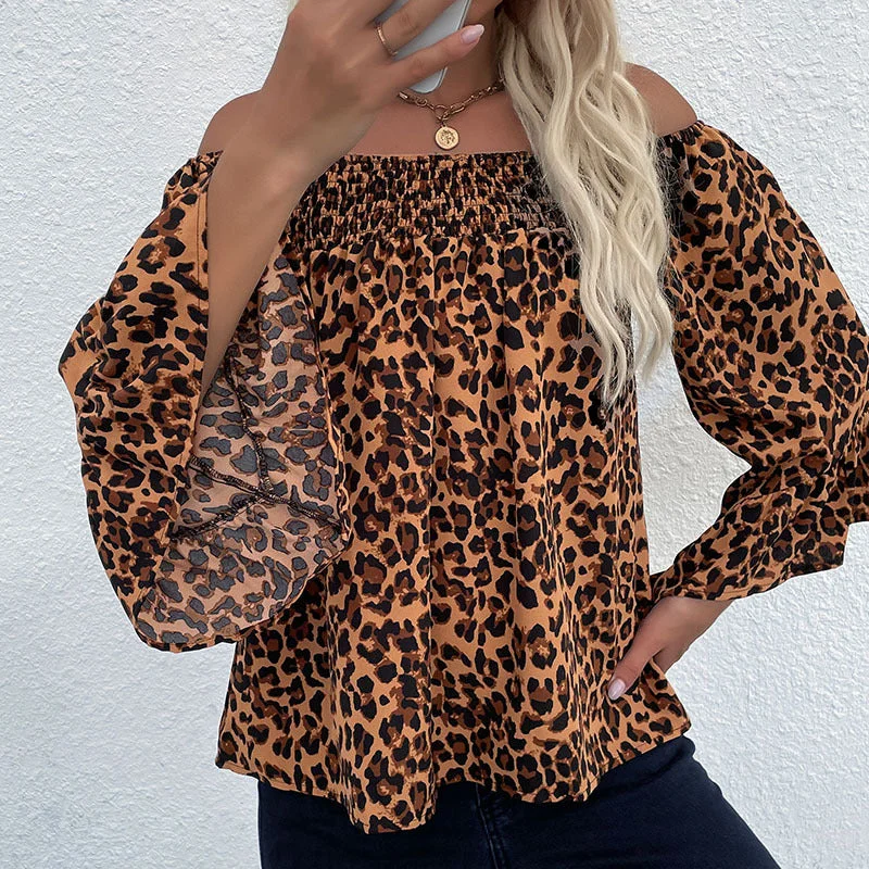 IKEARLAX Cross-border New Autumn New Women's Clothing Loose One-Word Shoulder Pullover Bottom Leopard Chiffon Shirt Open Neck Pullover