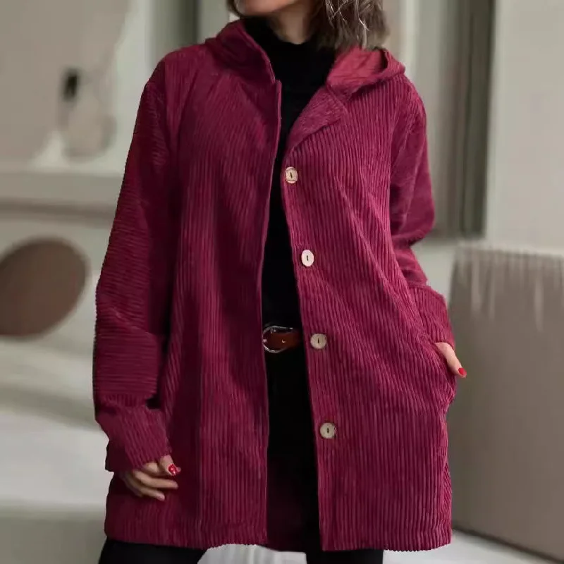 Women's Hooded Loose Corduroy Casual Jacket Welt Pockets Slit Pockets Flap Pockets