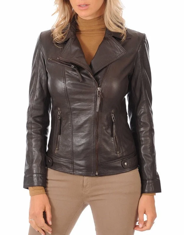 Eden Brown Leather Biker Jacket Tailored Jacket Straight Jacket A-Line Jacket