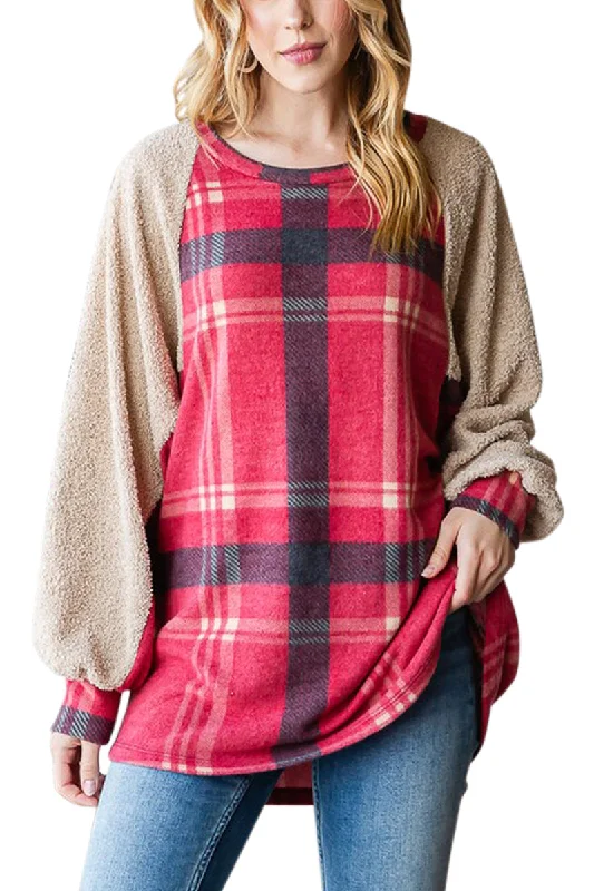 Red Plaid Contrast Pullover dolman Sleeve Top