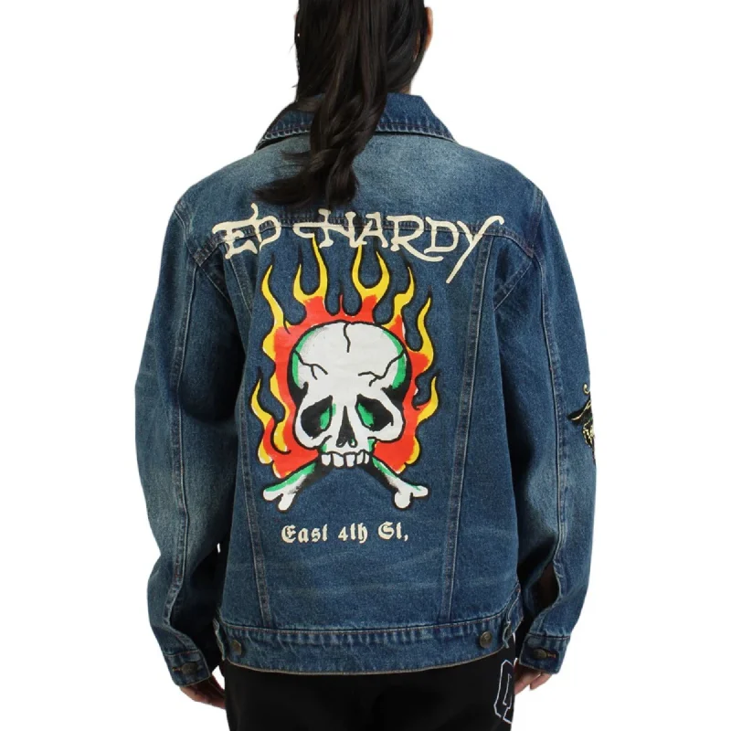 ED HARDY Flame Skull Women's Denim Jacket Bomber Jacket Anorak Windbreaker