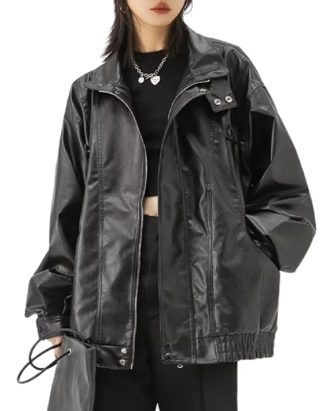 Kaya Black Oversized Leather Jacket Front Pockets Side Pockets Patch Pockets