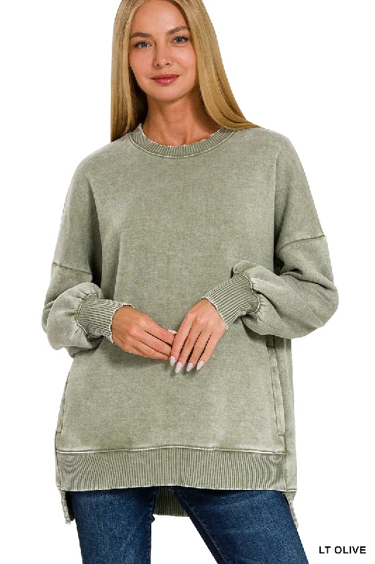 Lt Olive Acid Wash Hi-Low Pullover Bell Sleeve Stylish