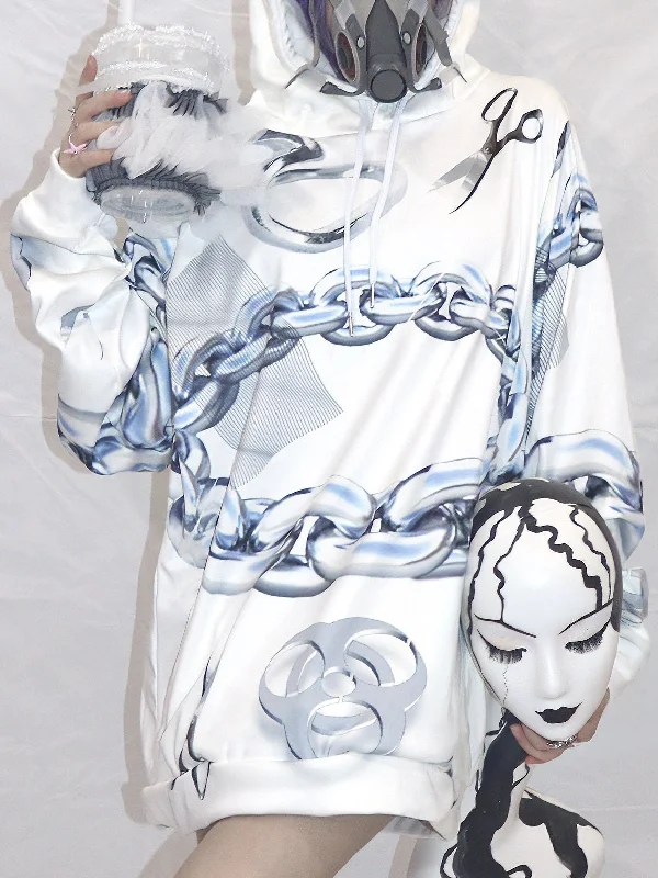 Chain Printing Loose Hooded Pullover【s0000000123】 One Shoulder Top