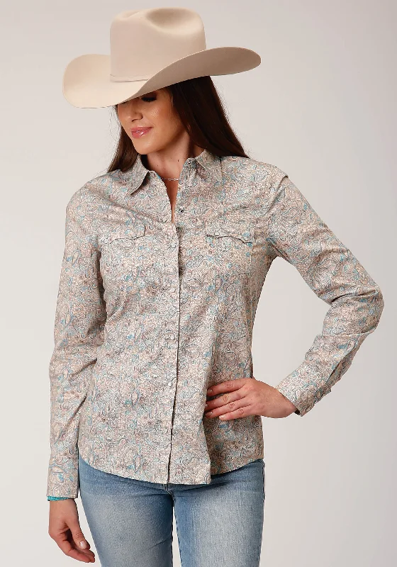 WOMENS LONG SLEEVE SNAP DOT PAISLEY PRINT WESTERN SHIRT Hooded Caped Shawl Collar