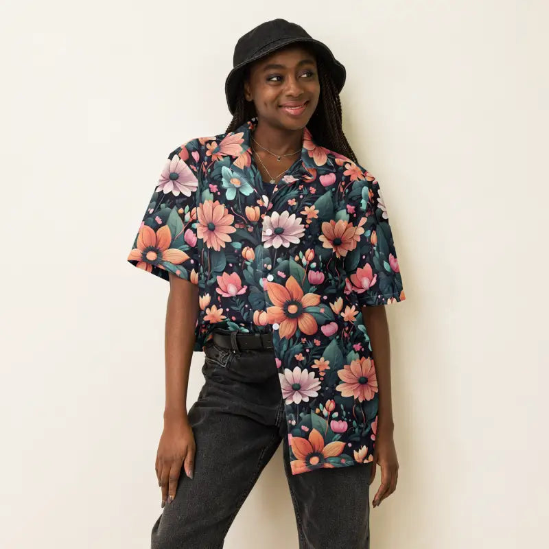 Unisex Button Shirt with Colorful Floral Vibes Mesh Fabric Canvas Fabric Denim Fabric