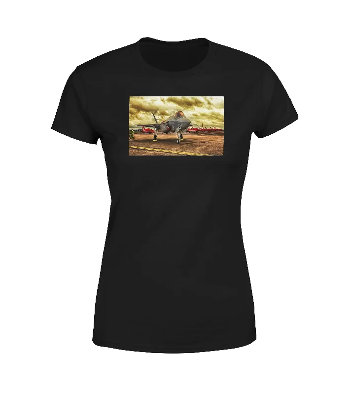 Fighting Falcon F35 at Airbase Designed Women T-Shirts Nylon Fabric Polyester Fabric Spandex Fabric