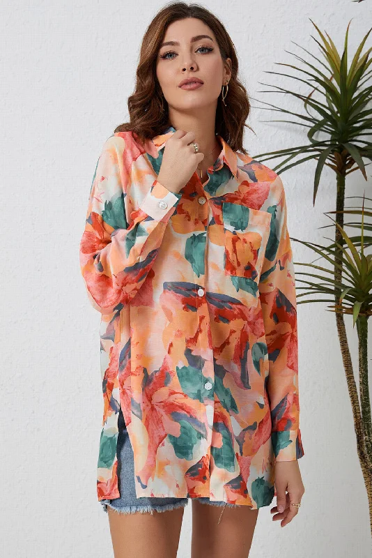 Floral Long Sleeve Slit Longline Shirt Satin Fabric Silk Fabric Chiffon Fabric