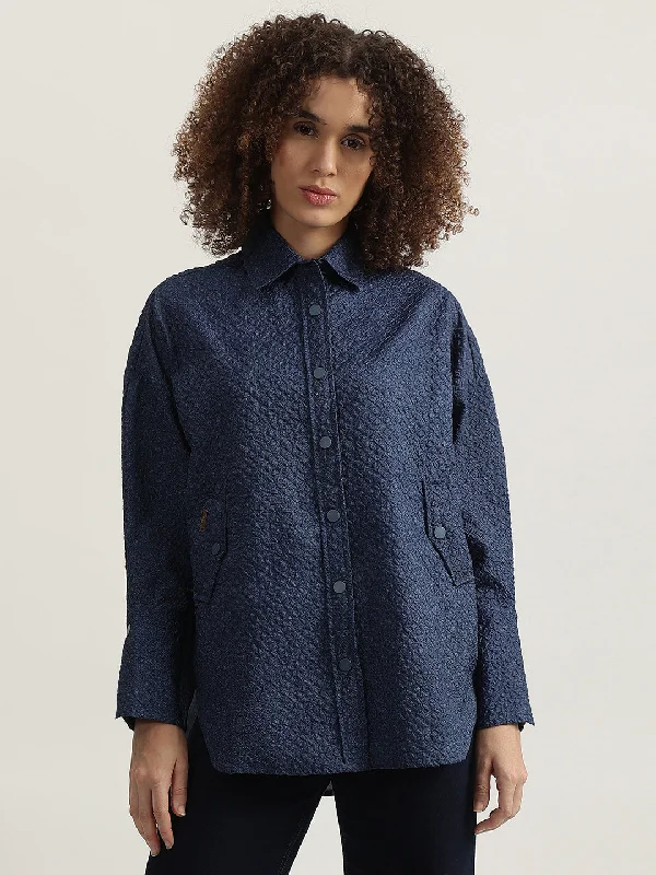 Iconic Women Navy Blue Self Design Spread Collar Full Sleeves Shirt Rayon Velvet Corduroy