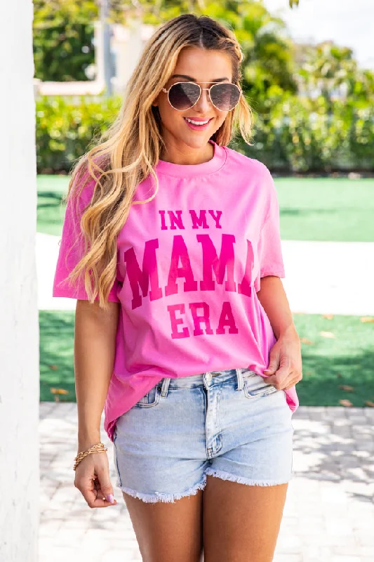 In My Mama Era Hot Pink Oversized Graphic Tee Notch Collar Peter Pan Collar Cowl Neck