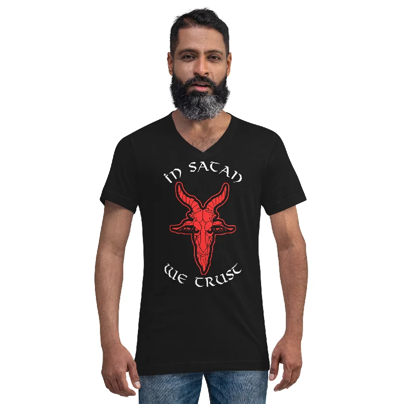 In Satan We Trust 666 Goat Head Occult Short Sleeve V-Neck T-Shirt Fleece Nylon Spandex