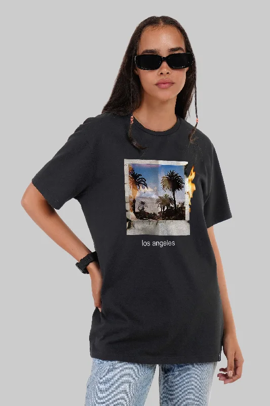 Los Angeles Black Boyfriend Fit T-Shirt Women Front Pockets Side Pockets Patch Pockets