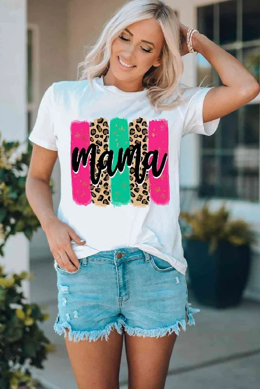 MAMA Colorful Leopard Print Ladies Short Sleeve Tee Terry Blend Velvet Blend Canvas Blend