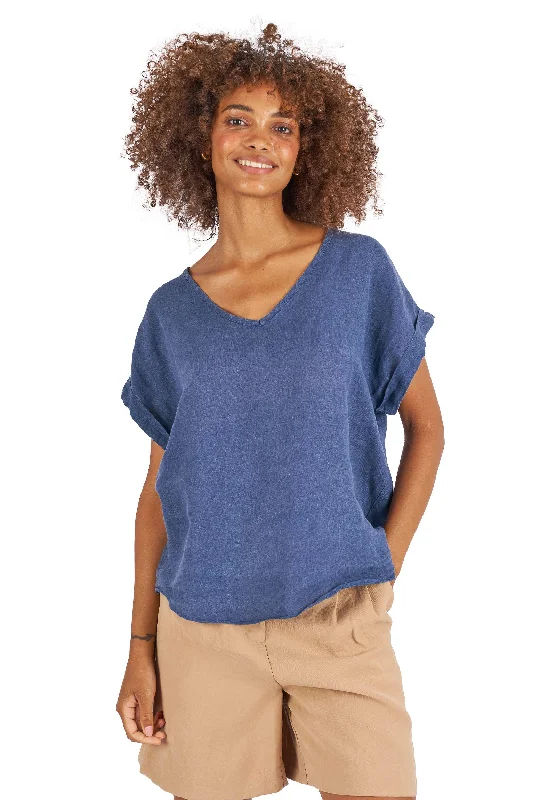 Martina Blue Sand Washed Linen T-Shirt Basic T-Shirt Crew Neck Short Sleeve