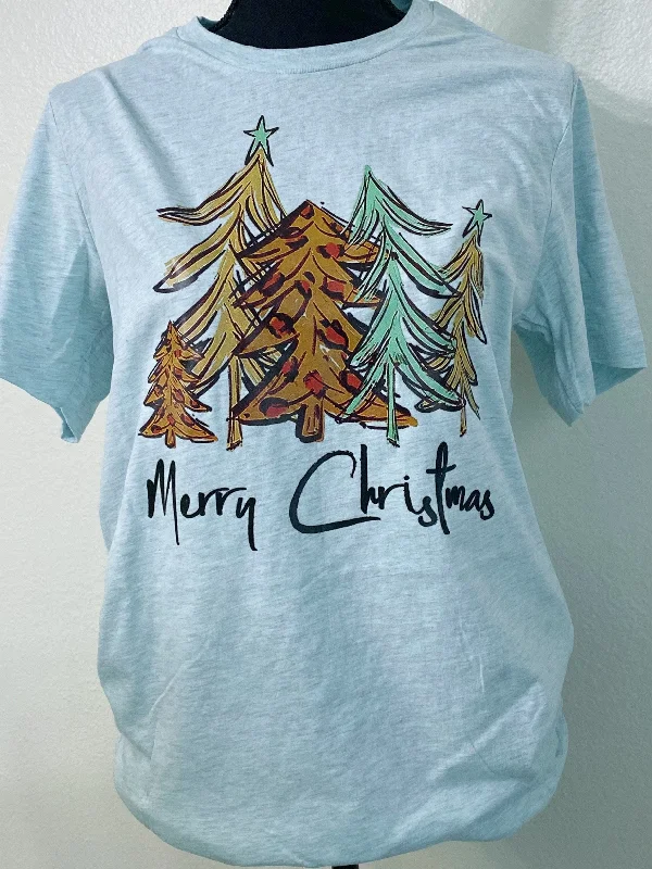 Merry Christmas Heather Light Aqua Leopard Tree Graphic Tee Cashmere Blend Cotton Blend Poly Blend