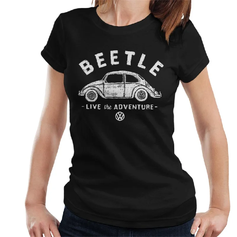 Official Volkswagen Beetle White Live The Adventure Women's T-Shirt V-Neck T-Shirt Long Sleeve Cotton