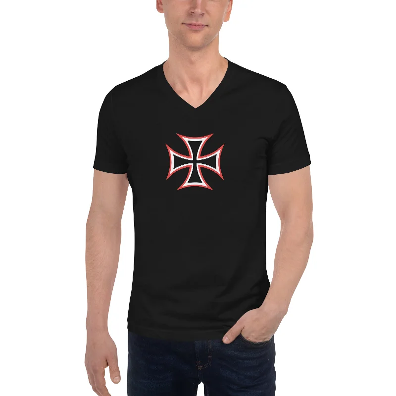 Red and White Occult Biker Cross Symbol Short Sleeve V-Neck T-Shirt Zippered Front Buttoned Front Snap Front