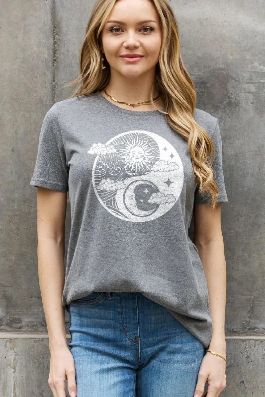 Simply Love Full Size Sun and Moon Graphic Cotton Tee Collared Crew Neck Turtle Neck