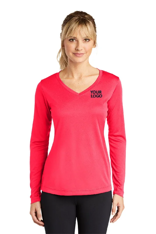 Sport-Tek Ladies Long Sleeve PosiCharge Competitor Custom V-Neck Tee's, Hot Coral Collared Crew Neck Turtle Neck