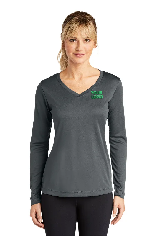 Sport-Tek Ladies Long Sleeve PosiCharge Competitor Customized V-Neck Tee's, Iron Grey Houndstooth Herringbone Solid