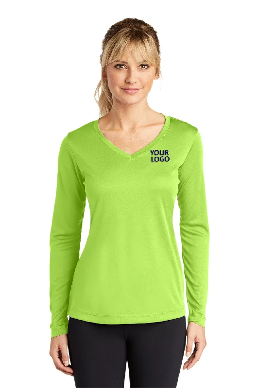 Sport-Tek Ladies Long Sleeve PosiCharge Competitor Customized V-Neck Tee's, Lime Shock Zippered Buttoned Snapped