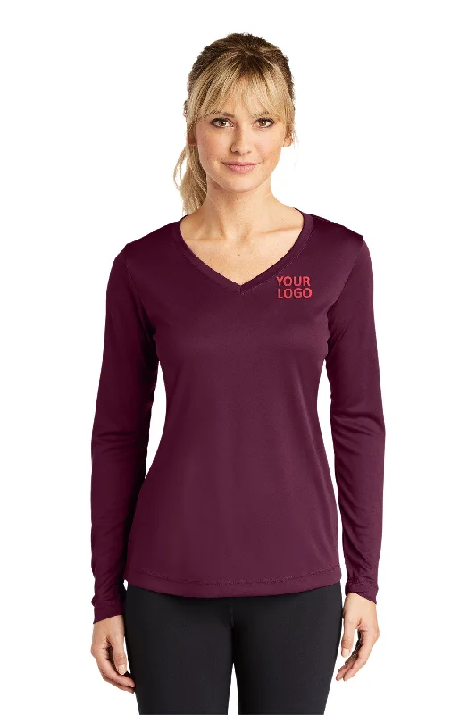 Sport-Tek Ladies Long Sleeve PosiCharge Competitor Customized V-Neck Tee's, Maroon Collared T-Shirt Boat Neck A-Line