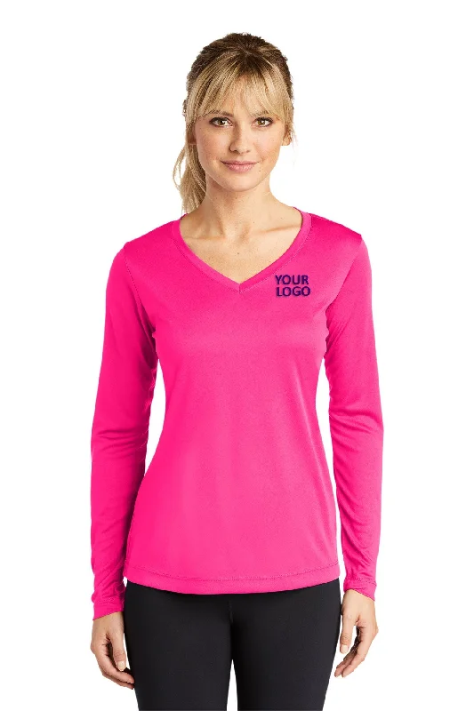 Sport-Tek Ladies Long Sleeve PosiCharge Competitor Customized V-Neck Tee's, Neon Pink Spandex Blend Rayon Blend Denim Blend