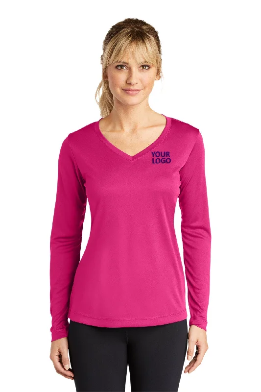 Sport-Tek Ladies Long Sleeve PosiCharge Competitor Customized V-Neck Tee's, Pink Raspberry Cashmere Blend Cotton Blend Poly Blend