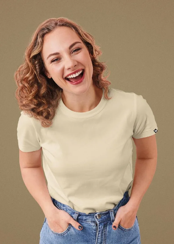 Women Solid Half Sleeve T-Shirt - Beige Embroidered Appliqued Beaded