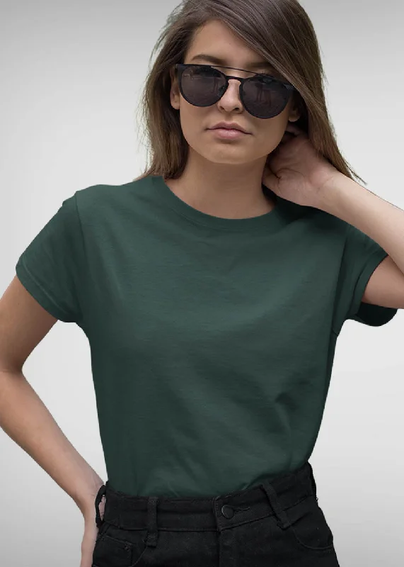 Women Solid Half Sleeve T-Shirt - Moss Green Wool Fabric Cashmere Fabric Tweed Fabric