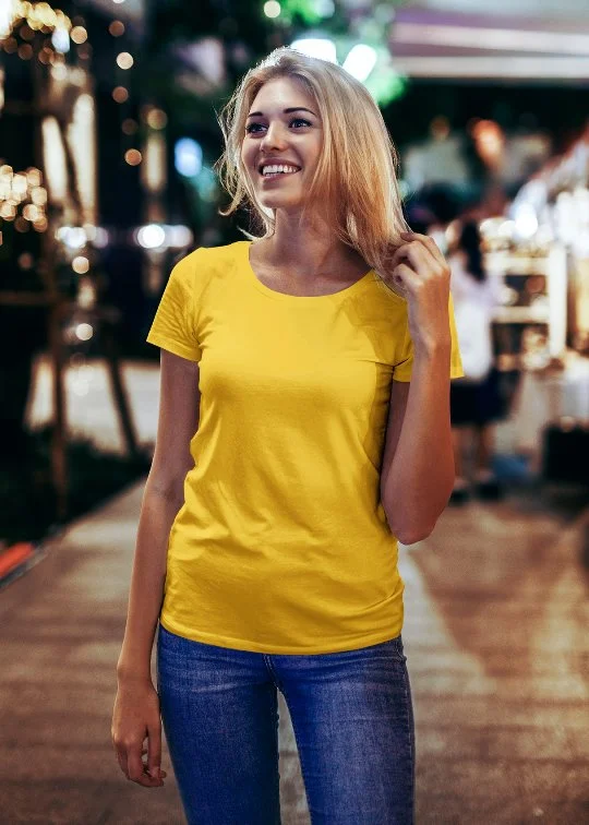 Women Solid Half Sleeve T-Shirt - Mustard Anti-Pilling Machine Wash Handmade