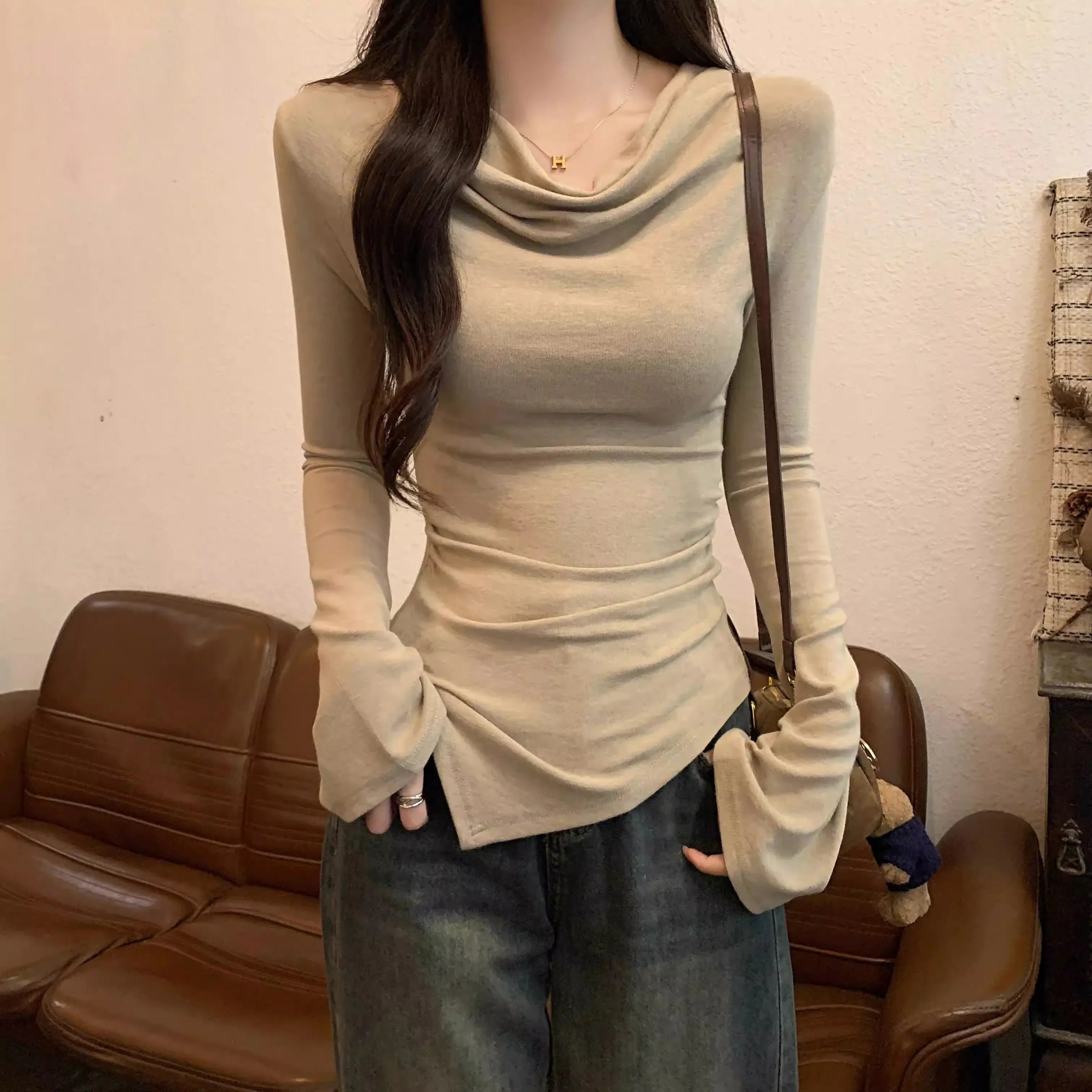 Women T-shirt spring slash-Neck Slim y2k Wool Fabric Cashmere Fabric Tweed Fabric