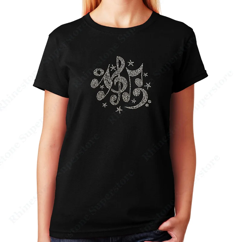 Women's / Unisex T-Shirt with Music Notes and Stars in Rhinestones Front Pockets Side Pockets Patch Pockets