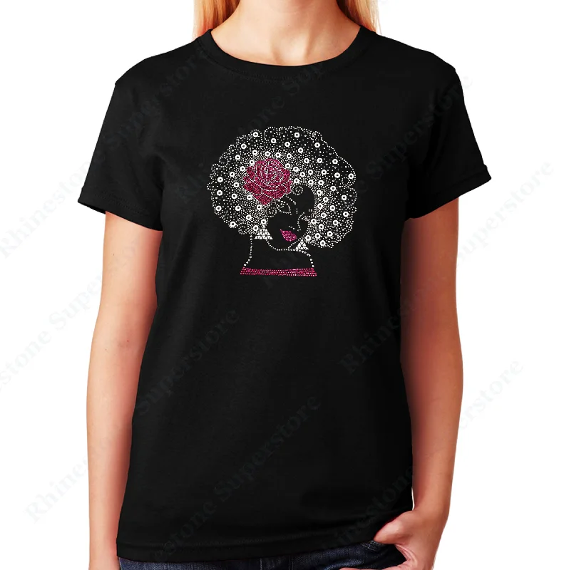 Women's / Unisex T-Shirt with Pink Flower Afro Girl in Rhinestones Modern Contemporary Chic