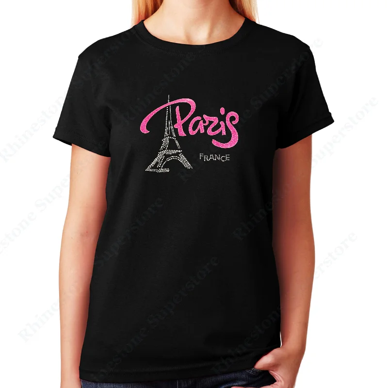 Women's / Unisex T-Shirt with Pink Paris Eiffel Tower in Rhinestones Silk Blend Satin Velvet